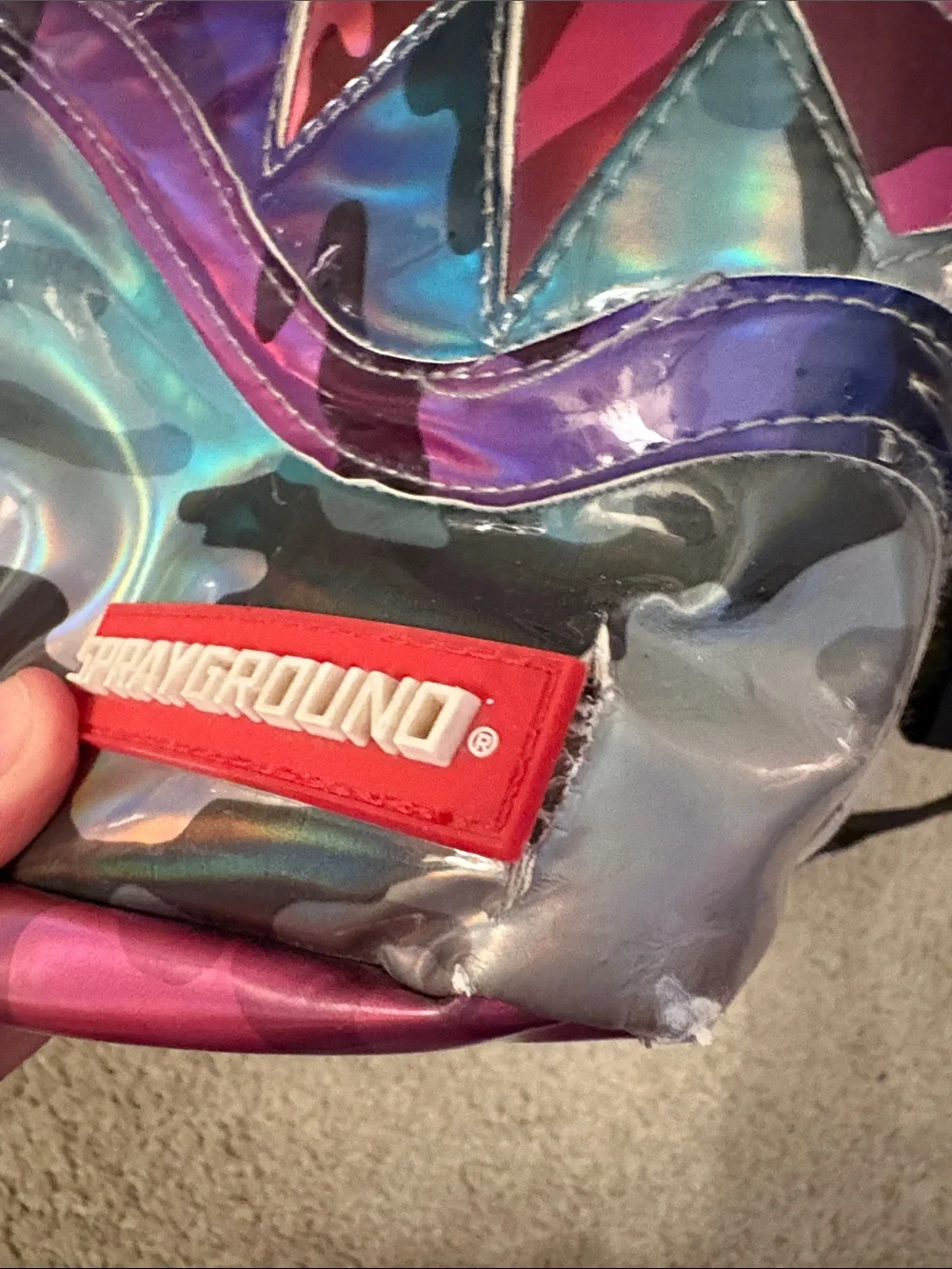 Sprayground Holographic Teal Purple Pink Camo Shark Backpack.